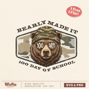 Funny Boy Camo 100 Days of School PNG SVG, Bear Camouflage School Hunting Sublimation T-shirt, Camo Bear 100th Day Teacher Digital Download