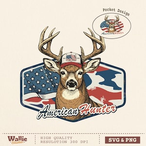 Diseño de camiseta de caza de ciervos con camuflaje patriótico en formato PNG y SVG, con la bandera estadounidense. Gráfico para cazadores del 4 de julio en EE. UU. Descarga digital de ciervos con camuflaje.