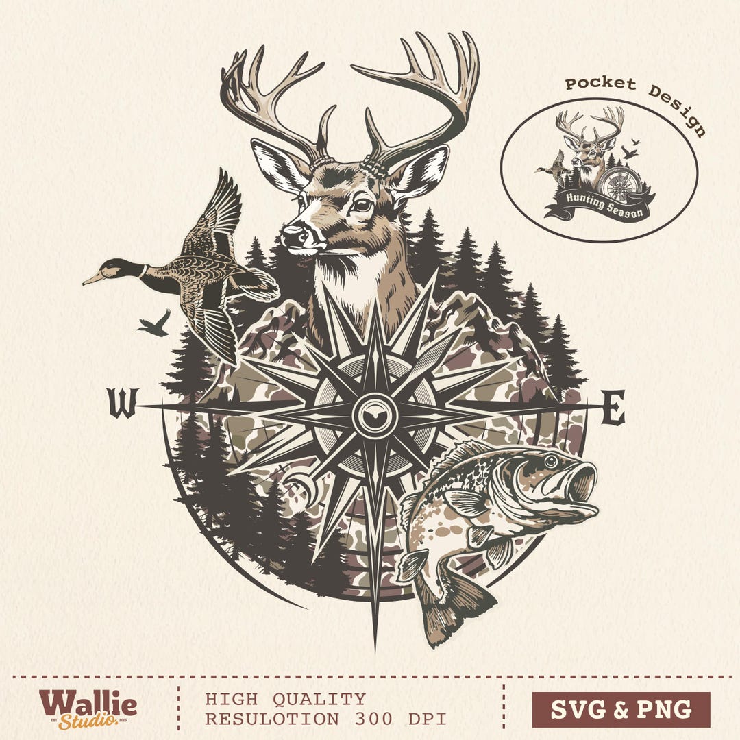 Camo Deer Duck Fishing Compass PNG SVG, Hunting & Fishing Outdoorsman ...