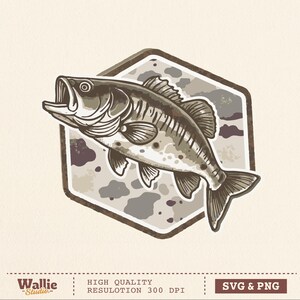 May include: An illustration of a largemouth bass with an open mouth, set against a camouflage-patterned hexagon. The fish is in shades of grey and brown, with visible scales and fins. The image includes the text "Wallie Studio" and "SVG & PNG".