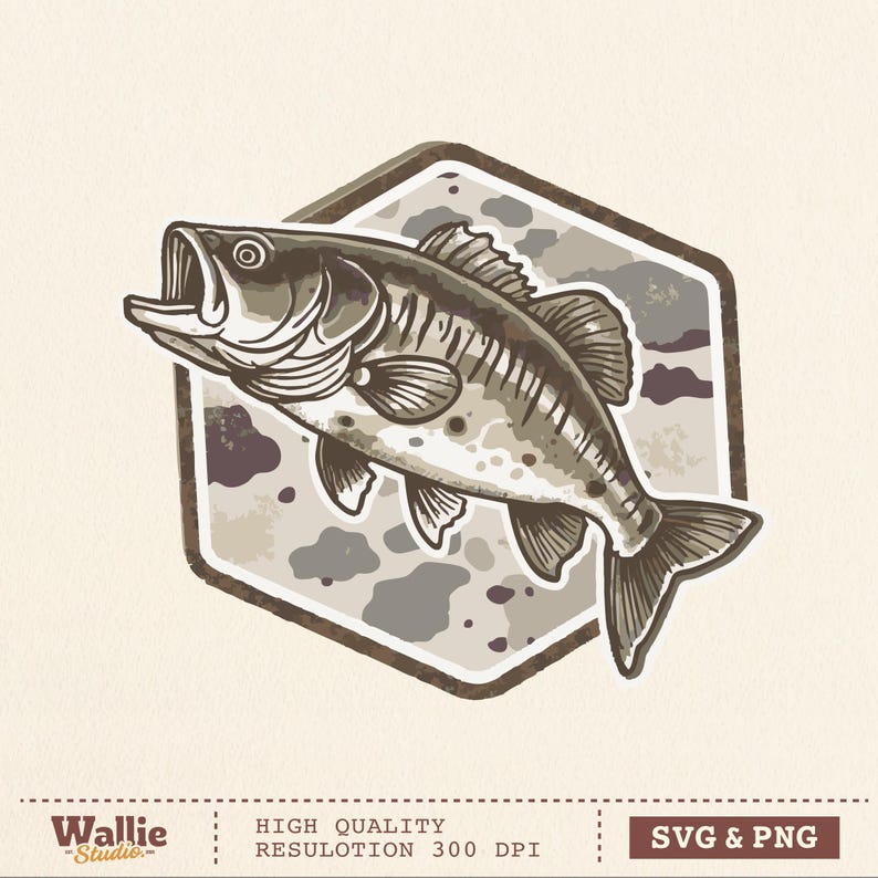 May include: An illustration of a largemouth bass with an open mouth, set against a camouflage-patterned hexagon. The fish is in shades of grey and brown, with visible scales and fins. The image includes the text "Wallie Studio" and "SVG & PNG".