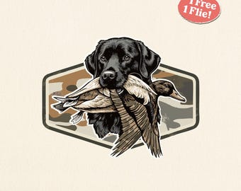 May include: A black Labrador Retriever holding a duck in its mouth, set against a camouflage background. The design includes the text "1 Free 1 Flie!" in a red circle, and the words "Wallie Studio" at the bottom.