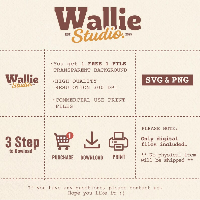 May include: A digital product advertisement with the text "Wallie Studio" in brown and gold. The image details the product features, including high-quality resolution, commercial use print files, and SVG & PNG formats. It also includes a 3-step download process.
