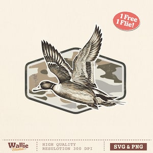 May include: A detailed illustration of a duck in flight, with wings spread wide. The duck is depicted in shades of brown and gray, set against a camouflage background within a hexagonal frame. The image includes the text "1 Free 1 Flie!" and "SVG & PNG".