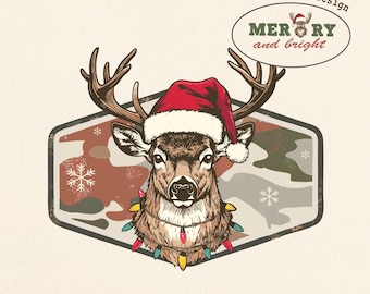 Christmas Deer Hunting Camo PNG SVG, Merry and Bright Holiday Deer Head Sublimation, Funny Christmas Outdoors Country Shirt Digital Download