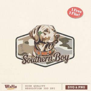 May include: A vintage-style graphic of a dog with a camouflage pattern on its head and a brown and orange collar. The text "Southern Boy" is below the dog. A red sticker says "1 Free 1 Flie!"