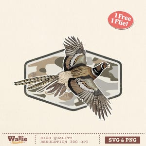 May include: A detailed illustration of a pheasant in flight, featuring brown, tan, and white feathers. The bird is set against a camouflage background within a hexagonal frame. The image includes the text "1 Free 1 Flie!" and "SVG & PNG".