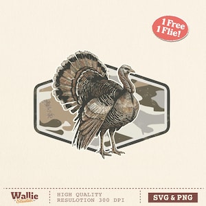 May include: A detailed illustration of a turkey with its tail feathers fanned out, set against a camouflage background within a hexagonal frame. The image includes the text "1 Free 1 Flie!" and "SVG & PNG".