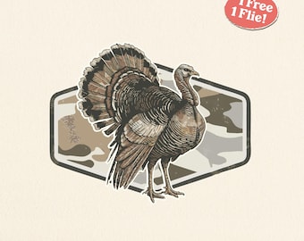 May include: A detailed illustration of a turkey with its tail feathers fanned out, set against a camouflage background within a hexagonal frame. The image includes the text "1 Free 1 Flie!" and "SVG & PNG".