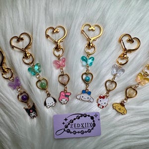 Golden Heart Kawaii Keychain with Cute Character Charms, Gemstone Beads + Butterfly Accent