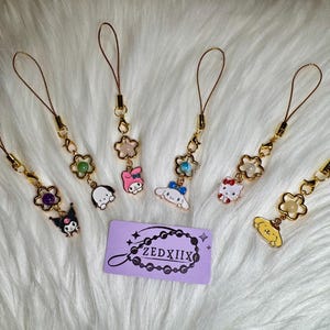 Golden Phone Charm with Flower Frame, Gemstone Beads & Cute Character Charms