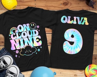 Retro On Cloud Nine Tie Dye Flower Birthday Shirt, 9th Birthday Girl Shirt, Happy 9th Birthday 9 Years Old, Toddler Youth Birthday 9th Shirt