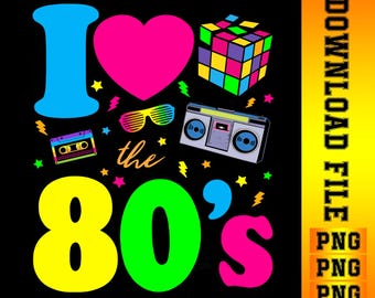 Könnte beinhalten: Schwarzes Grafikdesign mit dem Schriftzug "I love the 80's" in leuchtenden Farben. Das Design umfasst einen Rubik's Cube, eine Kassette, eine Sonnenbrille und einen Ghettoblaster, alles im Retro-Stil.