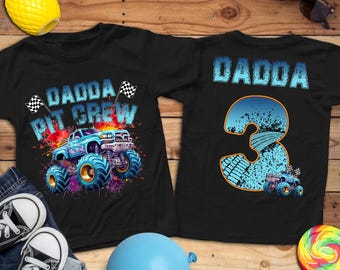 Custom Name Number Monster Truck Jam Family Birthday Shirt, Birthday Boy Dude Shirt,Pit Crew,Mama Mom Dad Mimi Brother Sister,Bday Bash,Pink