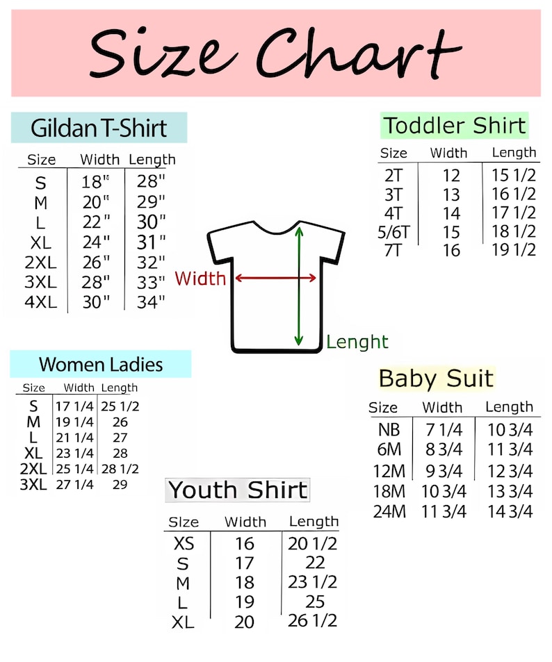 Pu&ograve; includere: Una tabella delle taglie per vari capi d'abbigliamento, tra cui magliette Gildan, camicie per bambini piccoli, camicie da donna, camicie per ragazzi e tutine per neonati. La tabella mostra taglie, larghezze e lunghezze in pollici.
