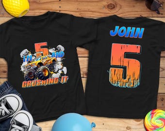 Monster Truck Birthday Boy Shirt Custom Age Tshirt Kid Birthday Party Outfit for Boy Birthday Celebration Kid Monster Truck Crushing It Tee