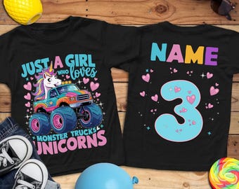 Unicorn Monster Truck T-Shirt,3rd 4th 5th Birthday Shirt,Family Matching Pit Crew Shirts,Family Matching,Just a Girl Who Loves Monster Truck