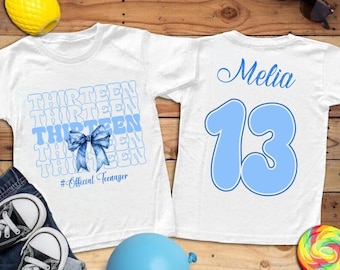 Blue Bow Thirteenth Birthday Shirt, Coquette University Style Girls Birthday Party Tee, 13 Years Old Birthday Gift, Year Est., 13th Birthday