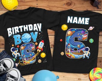 Personalized 6th Birthday Rocket Astronaut-Themed T-Shirts Custom Rocket Name Shirt for Boys Space Birthday Party Shirt Outer Space Tee
