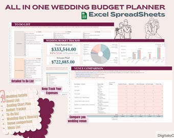 Planificador de bodas: Hoja de cálculo, presupuesto, lista de invitados, itinerario (Google Excel)