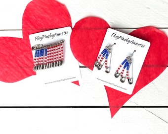Amerikanische Flagge Pin und Ohrringe Set Valentinstag Geschenk Geschenk für sie Geburtstagsgeschenk Perlen Flagge Pin Sicherheit Pin Ohrringe