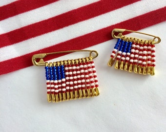 American Flag Pin Labor Day Pin Beaded Flag Pin Handmade USA Flag Pin Red White and Blue Safety Pin Jewelry Brooch Lapel Pin Safety Pin Flag