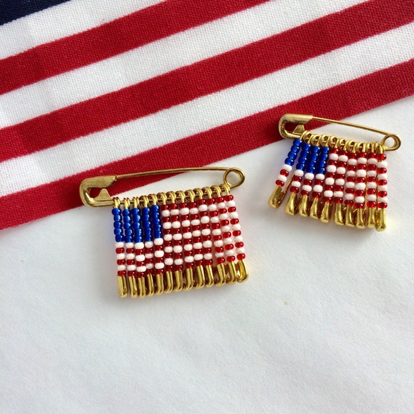 American Flag Pin Labor Day Pin Beaded Flag Pin Handmade USA Flag Pin Red White and Blue Safety Pin Jewelry Brooch Lapel Pin Safety Pin Flag