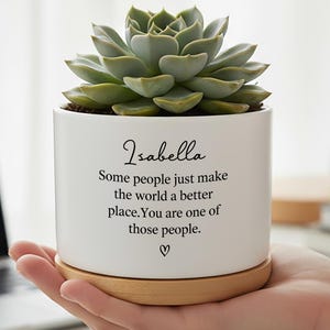 Puede incluir: Una maceta de cerámica blanca con una planta suculenta, sobre un platillo de madera. La maceta tiene el nombre "Isabella" y una cita inspiradora impresa en negro. Un símbolo de corazón está en la parte inferior.