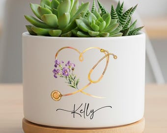 Personalized Nurse Planter Pot, Floral Stethoscope Planter, Custom Nurse Succulent Pot, RN Gift for Her, Medical Office Decor
