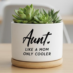 Può includere: Un vaso di ceramica bianco con la scritta "Aunt. LIKE A MOM ONLY COOLER" in corsivo nero. Il vaso contiene diverse piante grasse verdi e poggia su una base rotonda di legno chiaro. Lo sfondo è sfocato.