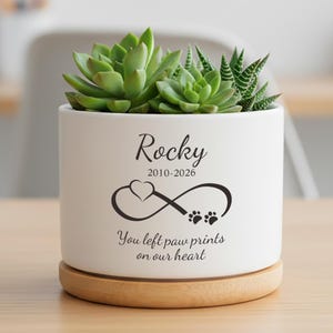May include: A white cylindrical ceramic planter on a light wood base, containing green succulents. The front features black text reading Rocky, 2010-2026, an infinity symbol with a heart and paw prints, and the phrase You left paw prints on our heart.