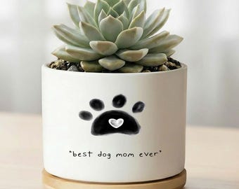 Personalized Dog Mom Ceramic Planter, Watercolor Paw Print Pot, Cute Dog Lover Decor, New Dog Mom Present, Indoor Succulent Pot
