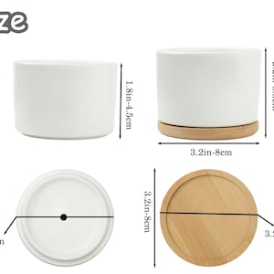 May include: White ceramic plant pots with bamboo saucers. The pots are cylindrical, measuring 8 cm in diameter. One pot is 4.5 cm tall, and the other is 5.5 cm tall. The saucers are 8 cm in diameter.
