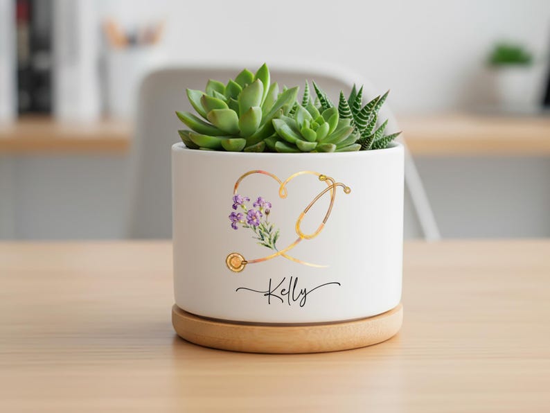 Personalized Nurse Planter Pot, Floral Stethoscope Planter, Custom Nurse Succulent Pot, RN Gift for Her, Medical Office Decor image 1