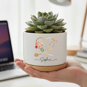 Personalized Nurse Planter Pot, Floral Stethoscope Planter, Custom Nurse Succulent Pot, RN Gift for Her, Medical Office Decor image 2