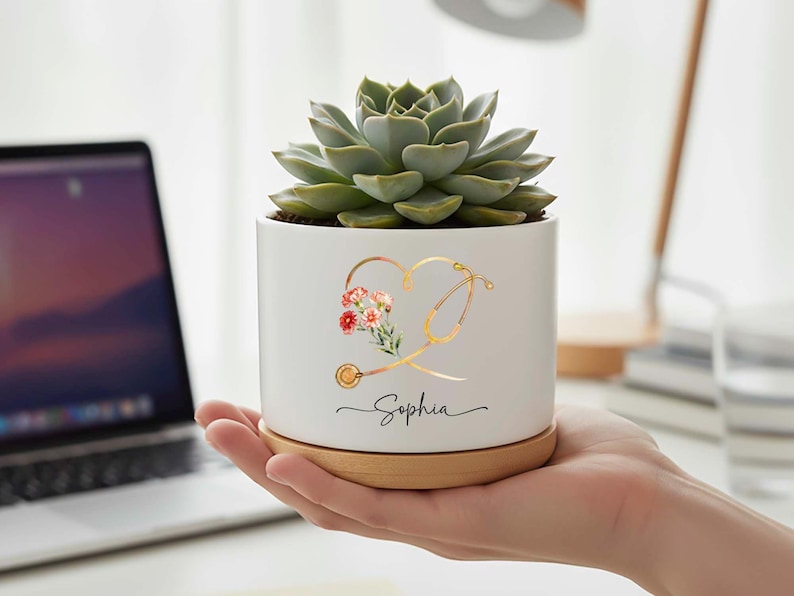 Personalized Nurse Planter Pot, Floral Stethoscope Planter, Custom Nurse Succulent Pot, RN Gift for Her, Medical Office Decor image 2