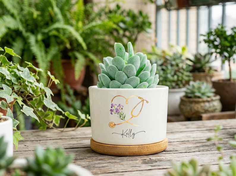 Personalized Nurse Planter Pot, Floral Stethoscope Planter, Custom Nurse Succulent Pot, RN Gift for Her, Medical Office Decor image 5