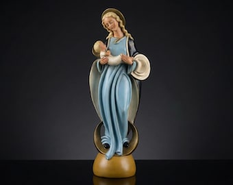 Estatua XL Art Déco de la Virgen María con el Niño Jesús, escultura francesa de gran tamaño de la Virgen y el Niño, 25 pulgadas.