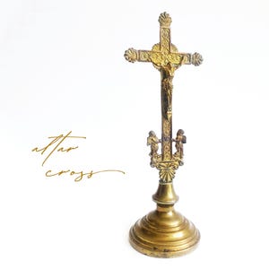 Antique Brass Standing Altar Cross | Rare gilded table Jesus Christ Crucifix, 19th century vintage handmade religious home decoration