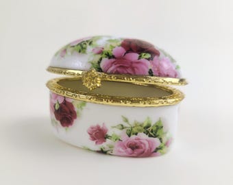 Vintage Porcelain Pill Box, Floral Trinket Box, Small Oval Ring Box, Rose Jewelry Case