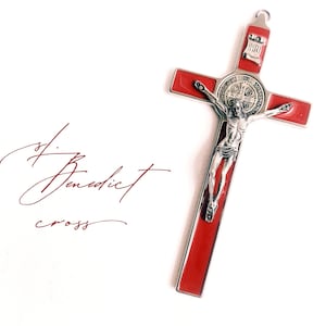 Large 8&quot; St Benedict Red Enamel Wall hanging Cross, Italy | Silver plated Crucifix with Benedictine medallion, Catholic religious protection