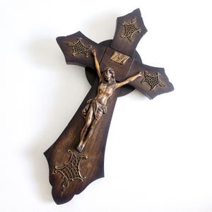 Vintage French Cross | Wall hanging Religious Catholic décor made of wood, Copper plated INRI & Jesus figure, 20th century Old Wall Crucifix