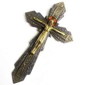 Antique Wall Hanging Art Deco Cross | Religious brass Jesus crucifix, catholic home decoration