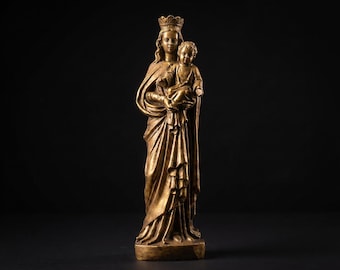 Large Vintage French Madonna and Child Statue, Virgin Mary with Baby Jesus, Catholic Altar Figure, 14"