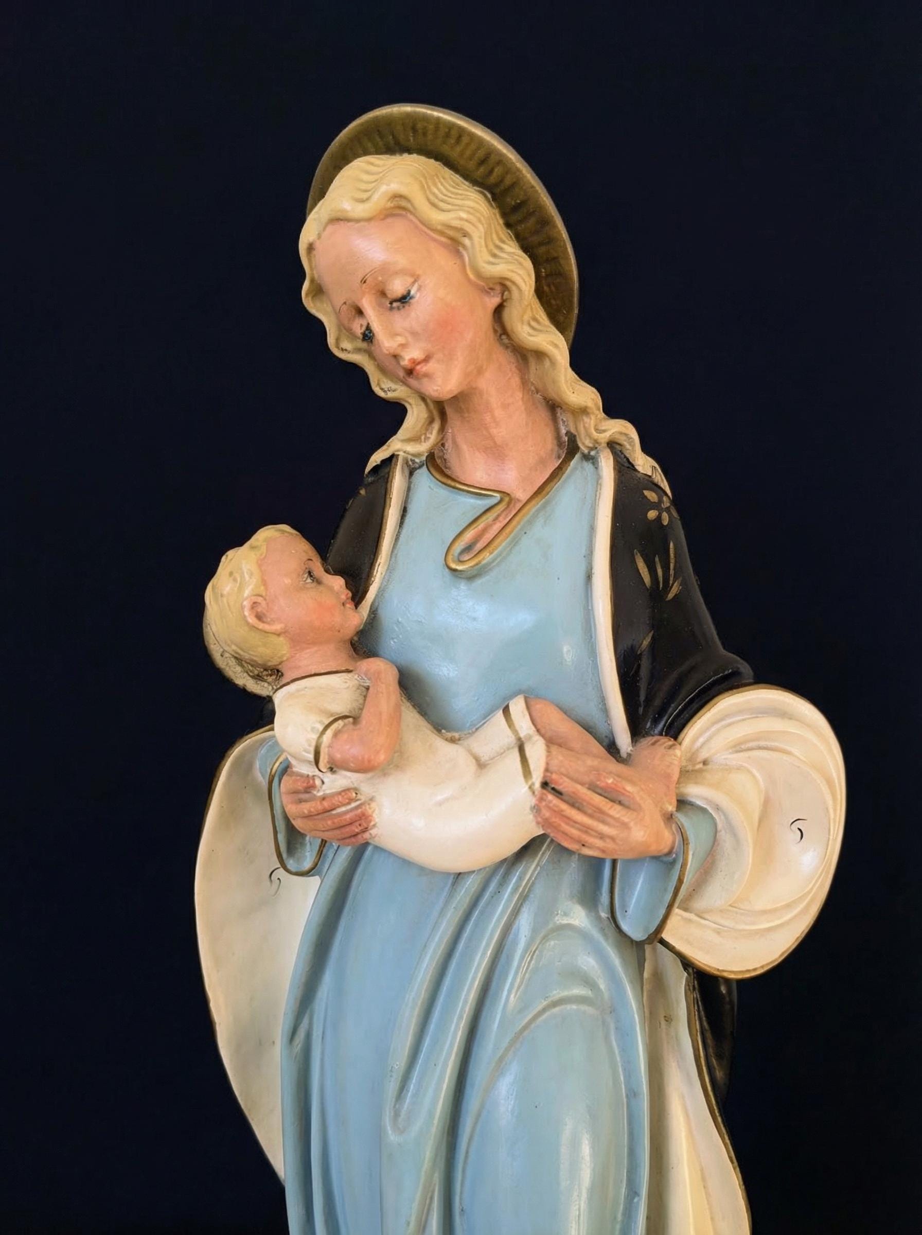 XL Art Deco Virgin Mary With Child Jesus Statue, Large French Madonna ...