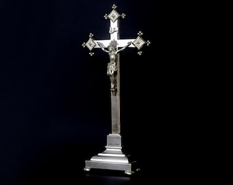Vintage French Standing Altar Crucifix, 16.5 Inch Silver Tone Catholic Cross, Tabletop Altar Cross, Home Altar Decor