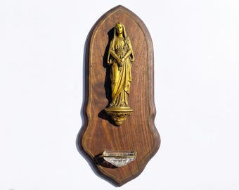 Pila de agua bendita vintage de la Virgen María: pila de pared católica francesa, placa de pared religiosa de mediados de siglo, decoración cristiana para el altar del hogar.