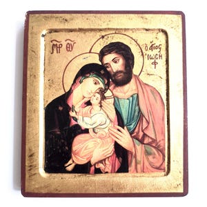 Vintage Wall Hanging Holy Family Handmade Icon |  Greek Christian Orthodox Byzantine Art, Handmade Golden Painted Religious Plaque, 20th c.