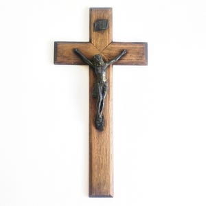 Large Vintage French Cross | Wall hanging Crucifix, Jesus Christ bronze figure on a wooden cross, c. 1940s, Religious home decoration