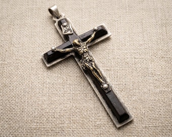 Vintage Lourdes Crucifix Pendant, French Catholic Cross Pendant, Wood Brass Jesus Pendant